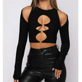 Y2K Sexy Cutout Solid Long Sleeve Round Neck with Rings Vintage T-shirt Autumn Outwear Tee